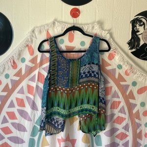 Patrons of Peace, blue, brown, and green top.